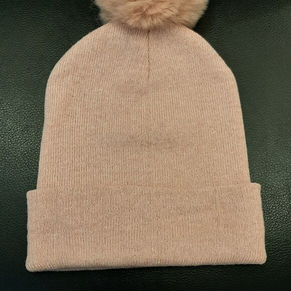 Warming Hat Pink One Size Wool Blend Knit Beanie with Faux Fur Pom Pom - Picture 4 of 6